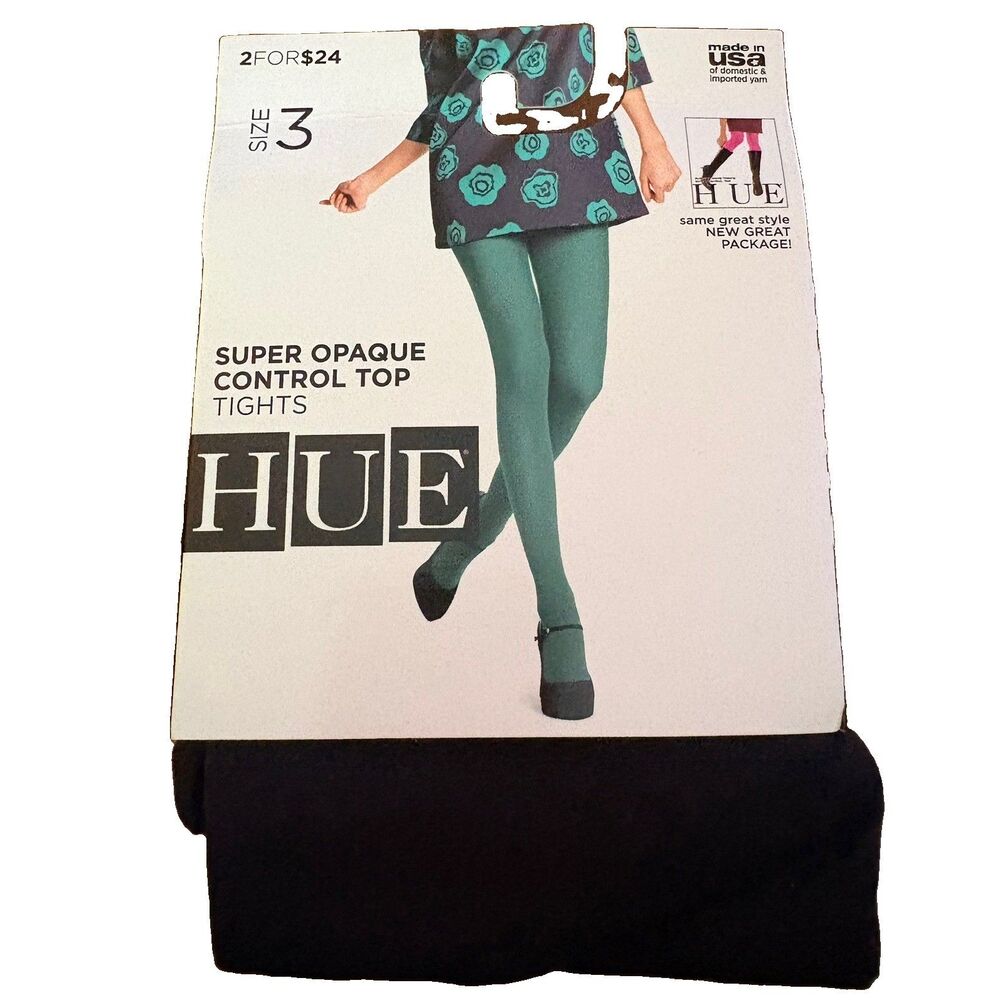 HUE Super Opaque Tights Control Top Womens Size 3 Black 90 Denier NWT